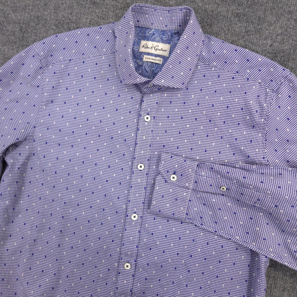Robert Graham Shirt Mens M 42 16.5 Blue White Micro Pattern Tailored Fit Preppy
